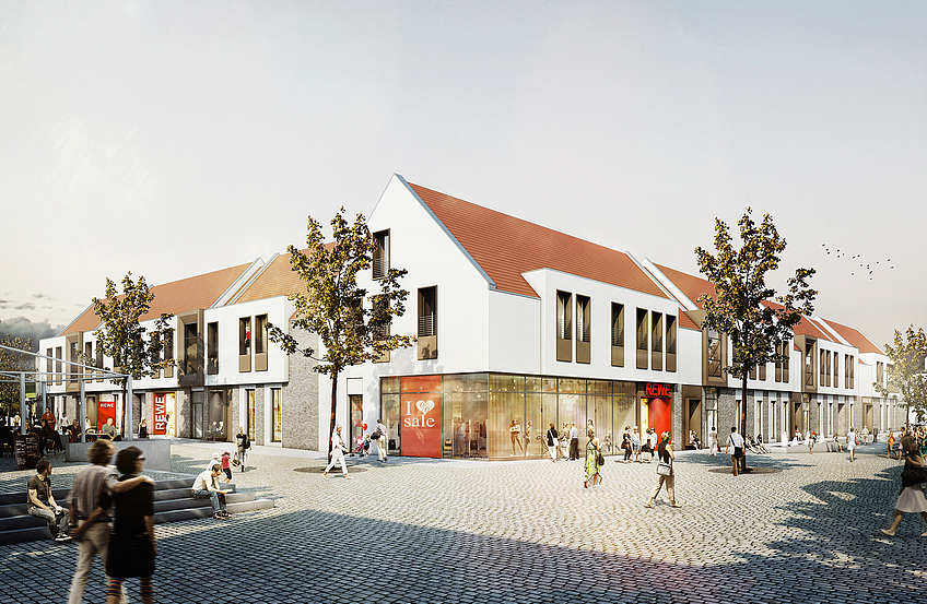 Ansicht der „Neuen Mitte“ von der Rathausallee / Alte Webschule aus. Grafik: RKW/HBB